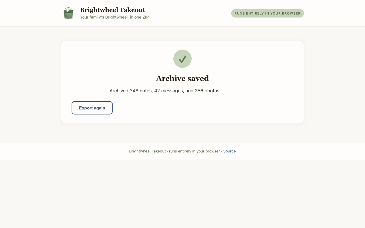 Takeout page after a successful export